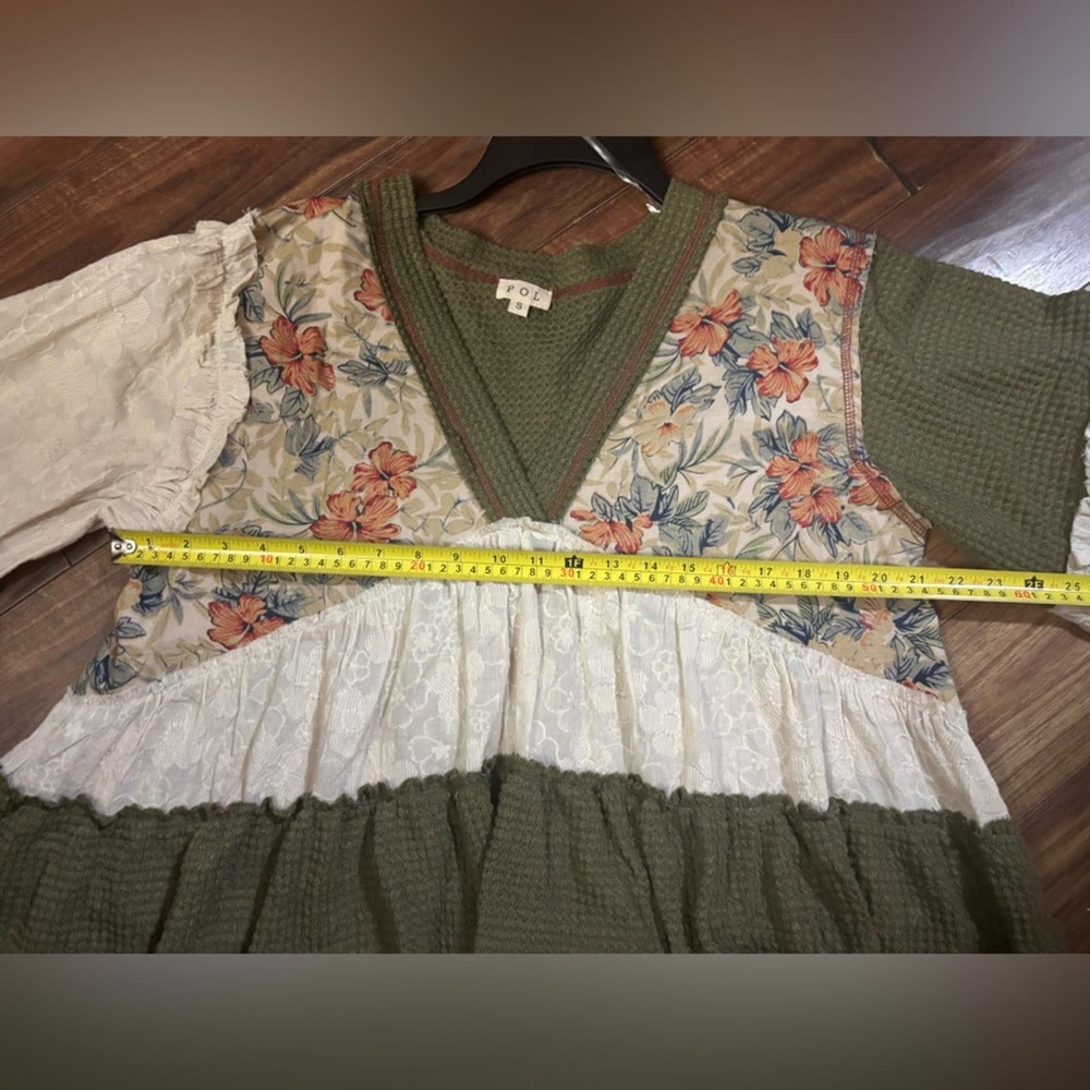 Pol smt2813 olive green small hi low oversized tiered patchwork vintage blooms - Picture 5 of 7